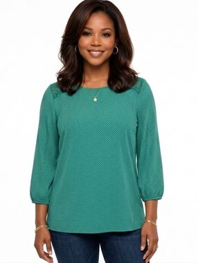 Adrianna Papell Green With White Polka Dot 3/4 Sleeve Blouse Size 1X